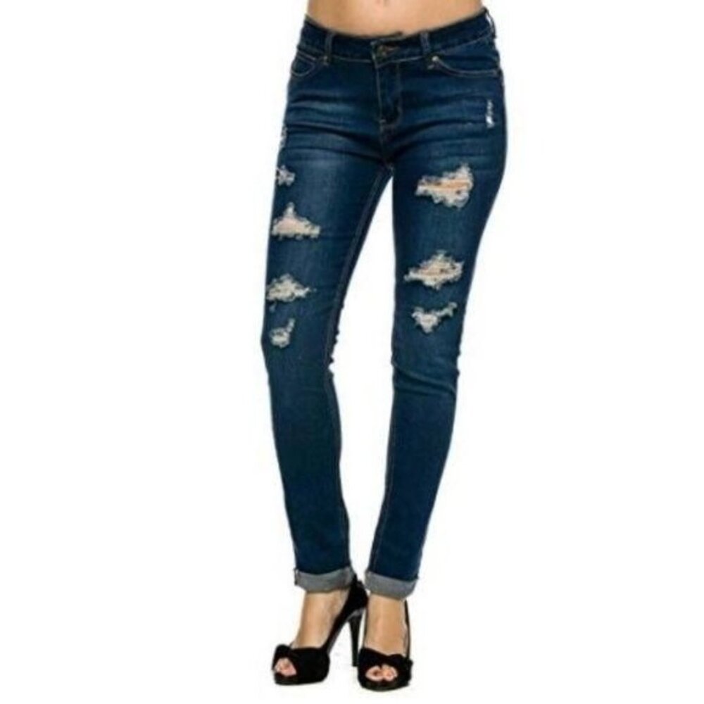 Wax Jeans Stretchy Blue Distressed Denim Jeans